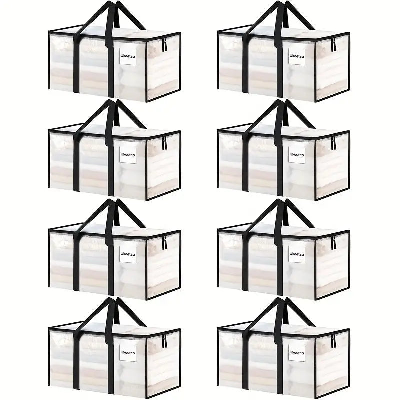 8-Piece Large Heavy-Duty Storage Bags, Transparent Lidded Boxes with Reinforced Handles, Durable Zipper Pouches for Clothes, Dorms, University Supplies