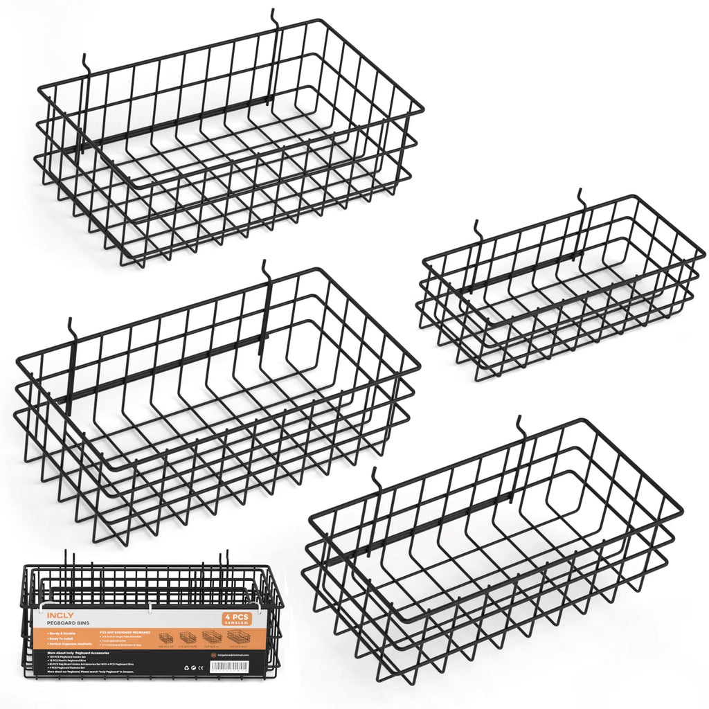 INCLY 4 Pack Pegboard Baskets Bins Set, 4 Size Square Style Black Metal Wire Basket for Any Peg Board Organizing Tools, Pegboard Accessories for Workbench Garage Wall Storage Attachments