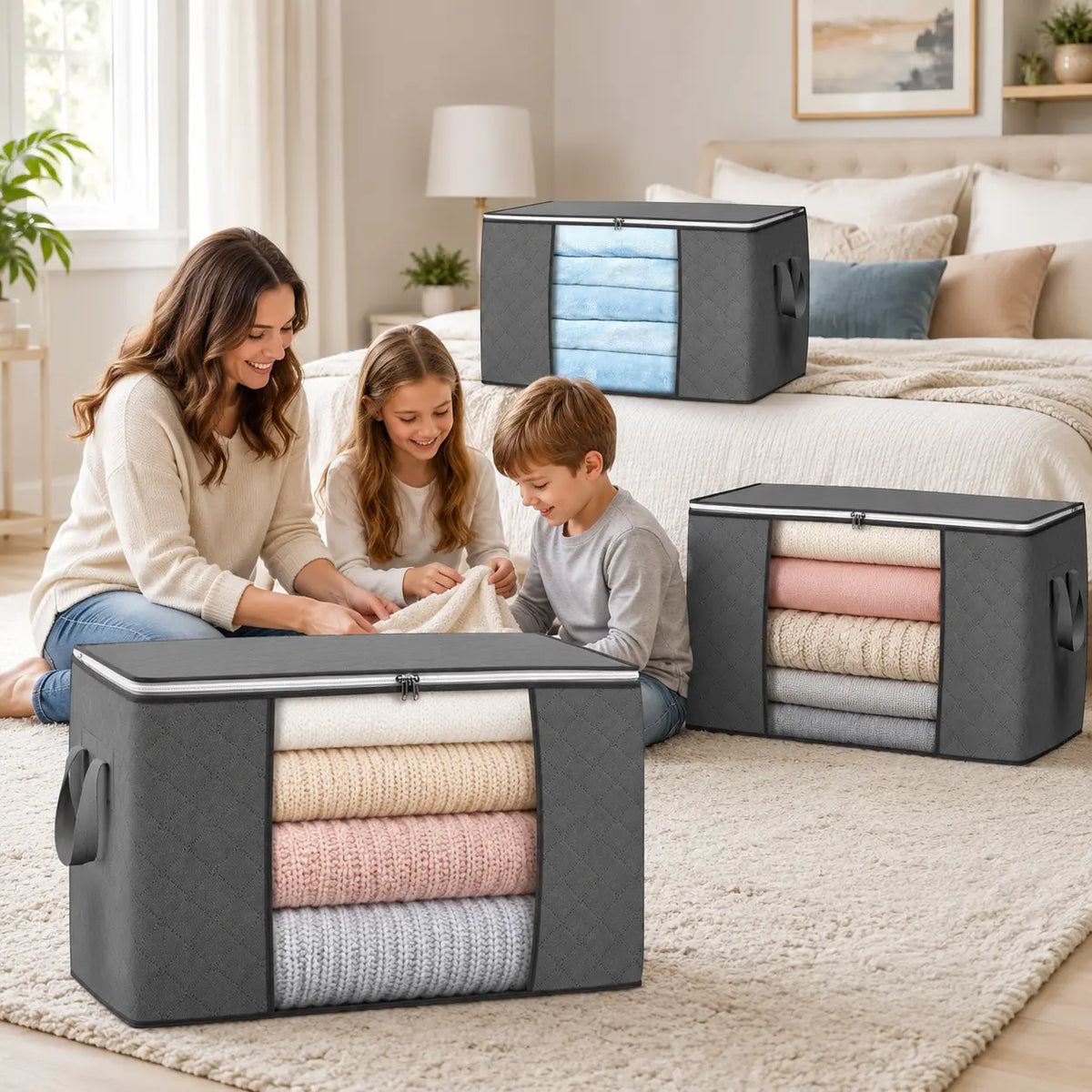 UNIQDESIGN Thick Cloth Collapsible Clothing Organiser Bag Set (6-Pack, Grey) - Reusable PVC Multipurpose Storage Bags with Handles, Space Saving for Bedroom Wardrobe Clothes, Blankets, Window