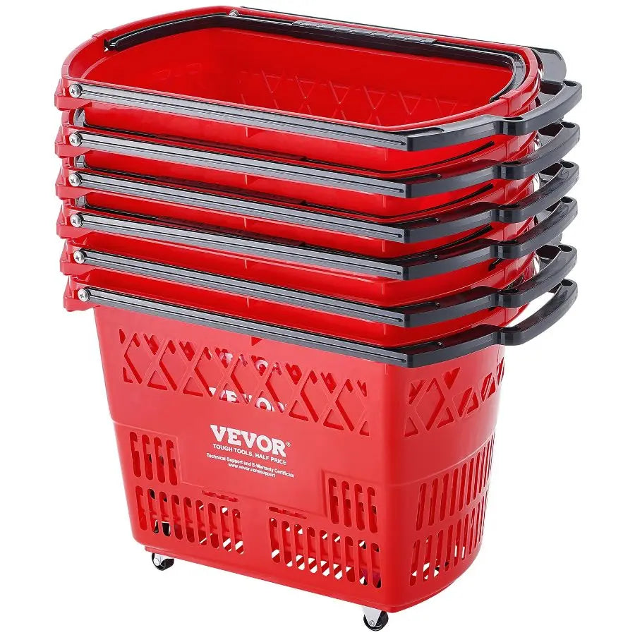 VEVOR 6PCS 39L Plastic Rolling Shopping Baskets with Handles & Wheels, Large Portable Set for Supermarkets, Grocery Shopping, With Wheel