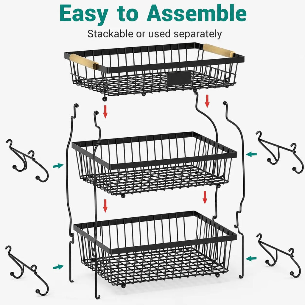 3-Tier Metal Countertop Storage Basket with Handles - 2 Banana Hangers, Attach-to-Countertop Compatible, Open Wire Modern Farmhouse Design, House Organizers for Kitchen Counters, Rose Red Organization Baskets for Vegetable, Bread & Snack Stations