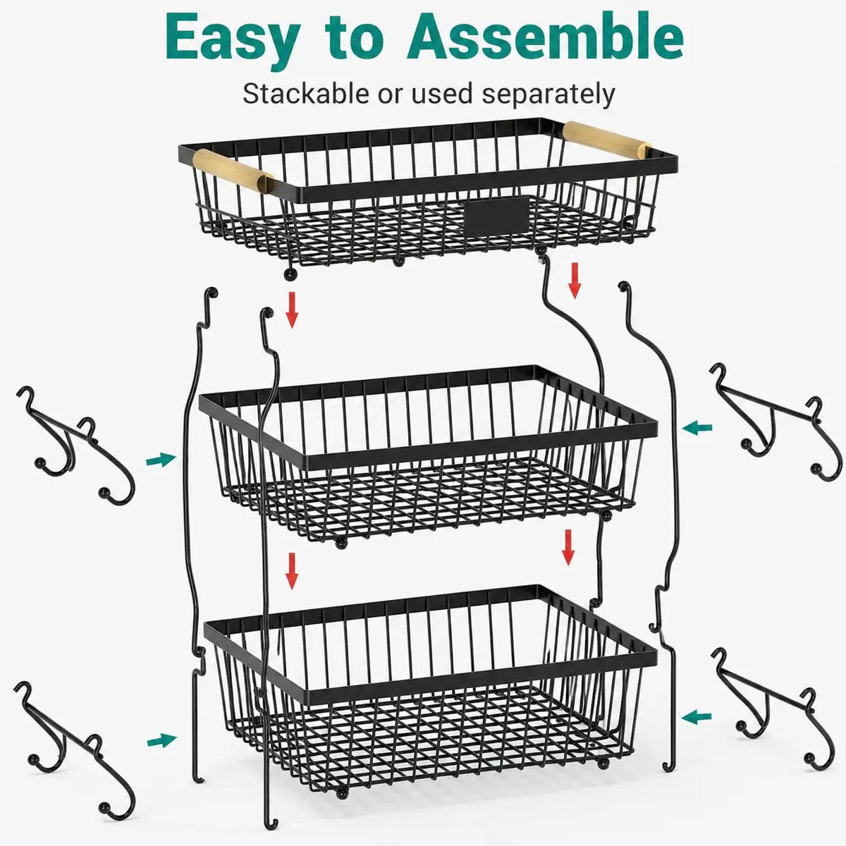 3-Tier Metal Countertop Storage Basket with Handles - 2 Banana Hangers, Attach-to-Countertop Compatible, Open Wire Modern Farmhouse Design, House Organizers for Kitchen Counters, Rose Red Organization Baskets for Vegetable, Bread & Snack Stations