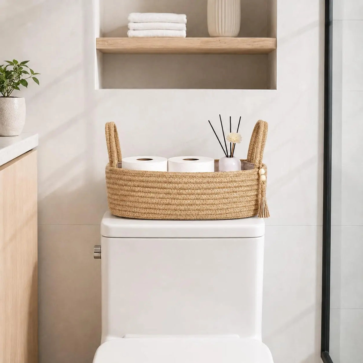 Small Storage Basket, Jute Rope Woven Toilet Paper Tray Organizer for Toilet  Top, Boho Bathroom Decor Holder for Shelf Bedroom Living Room -13x6x4 Inches