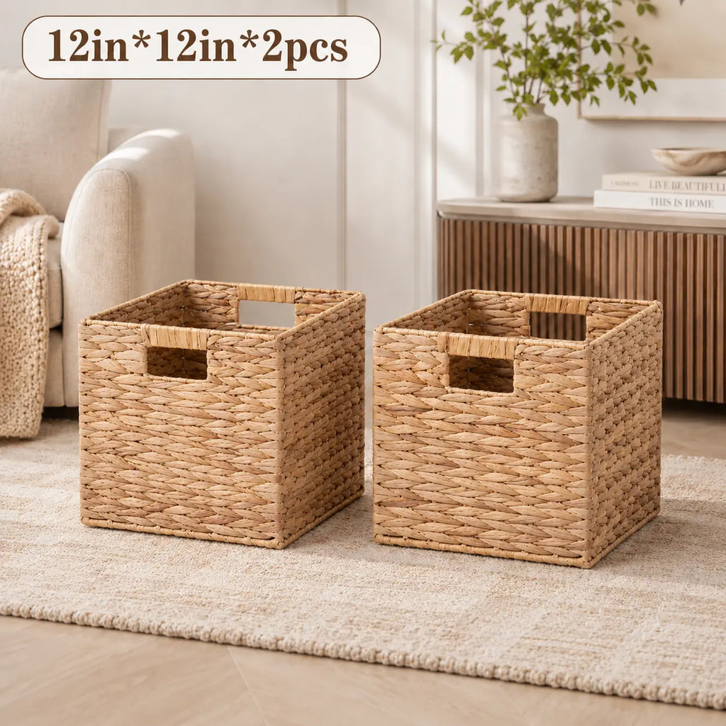 Summerwins Natural Water Hyacinth Storage Baskets - Handwoven Cube Organizing Bins with Cutout Handles, Open-Top Farmhouse Storage Organizer for Dorm Room, Living Room, Laundry, House Organizers, College Move-In Essentials