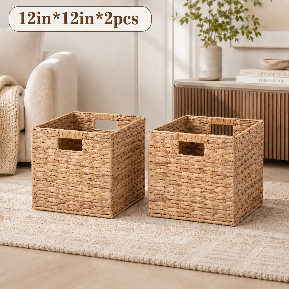 Summerwins Natural Water Hyacinth Storage Baskets - Handwoven Cube Organizing Bins with Cutout Handles, Open-Top Farmhouse Storage Organizer for Dorm Room, Living Room, Laundry, House Organizers, College Move-In Essentials