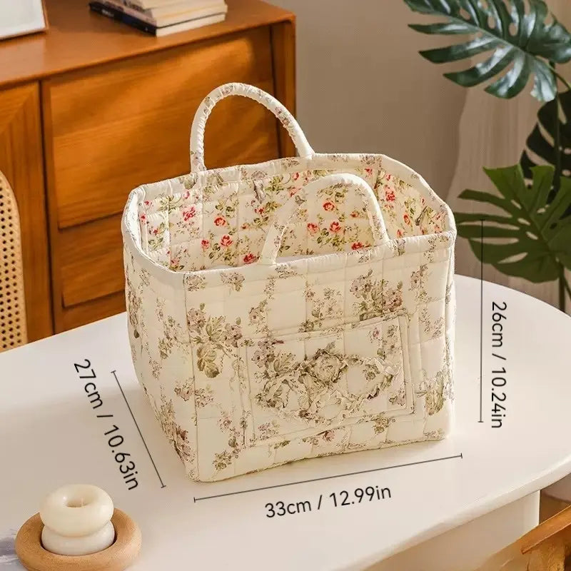 Washable Foldable Fabric Storage Bag, Book Organizer Floral Pattern Basket, Office Supplies Holder, Home Decor Bin for Entryway Bedroom Living Room, Decorative Storage Basket