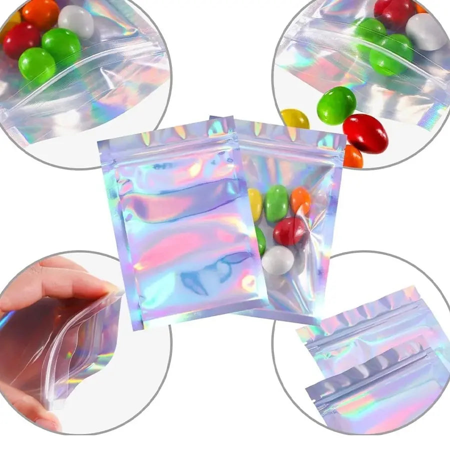 50pcs Laser Film Holographic Jewelry Packaging Bags with Hanging Hole, Half-Transparent Self-Sealing Bags, Clear Storage Bags, Phone Case Storage Bags, Colorful Plastic DIY Organizer, Plastic Organizer Pouches