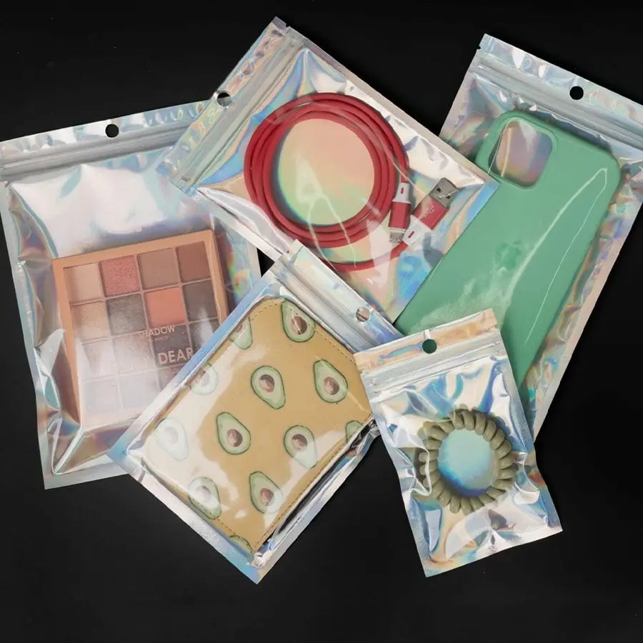 50pcs Laser Film Holographic Jewelry Packaging Bags with Hanging Hole, Half-Transparent Self-Sealing Bags, Clear Storage Bags, Phone Case Storage Bags, Colorful Plastic DIY Organizer, Plastic Organizer Pouches