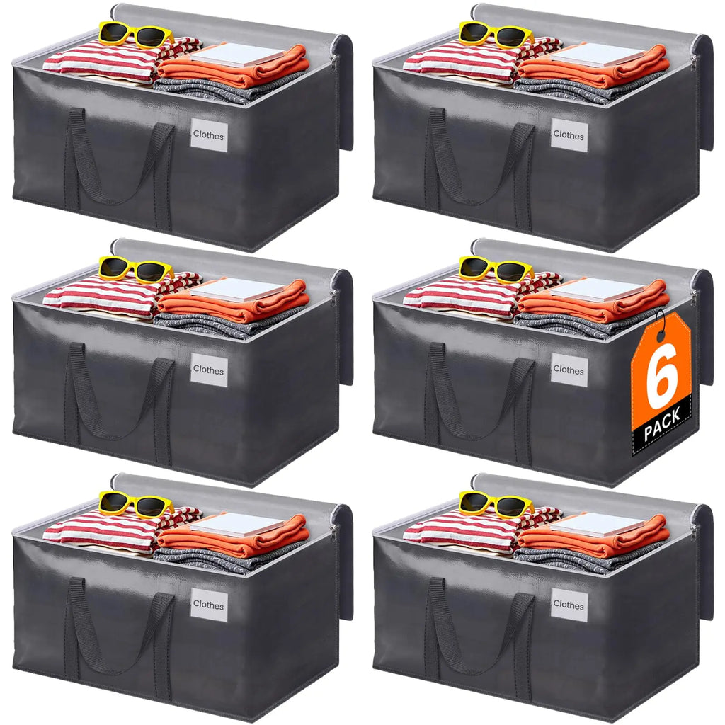 【New】6-Pack Grey Durable Large Collapsible Storage Bags for Families - Bulk Pack, Multipurpose Storage, Moving Alternative, Visible Labels, Padded Stitching Reinforced Handles, Space-Saving Home Organizer Essentials