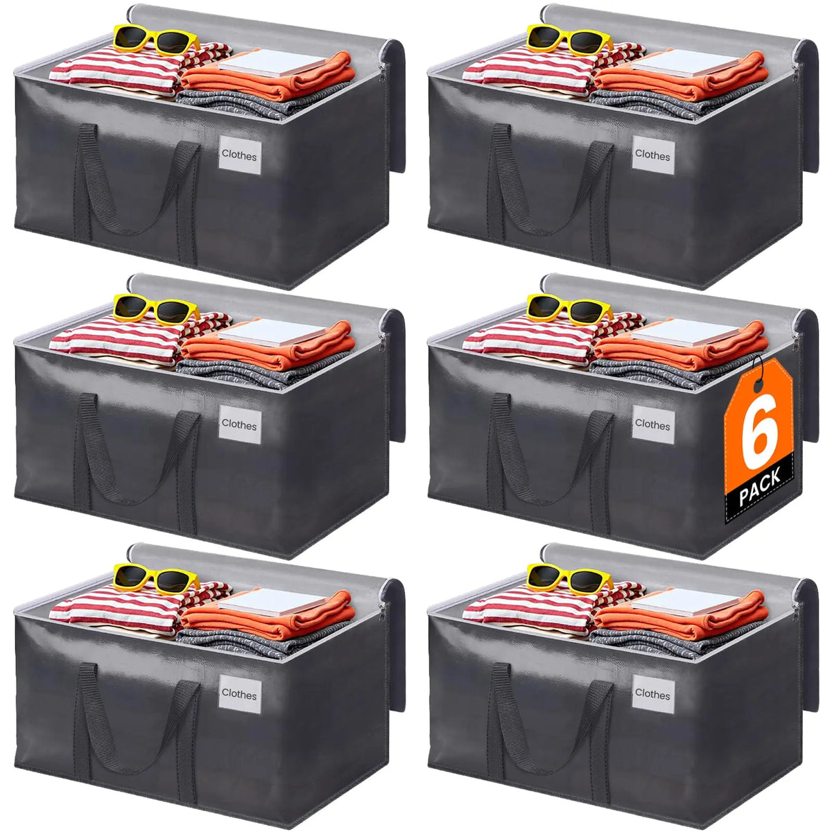 【New】6-Pack Grey Durable Large Collapsible Storage Bags for Families - Bulk Pack, Multipurpose Storage, Moving Alternative, Visible Labels, Padded Stitching Reinforced Handles, Space-Saving Home Organizer Essentials