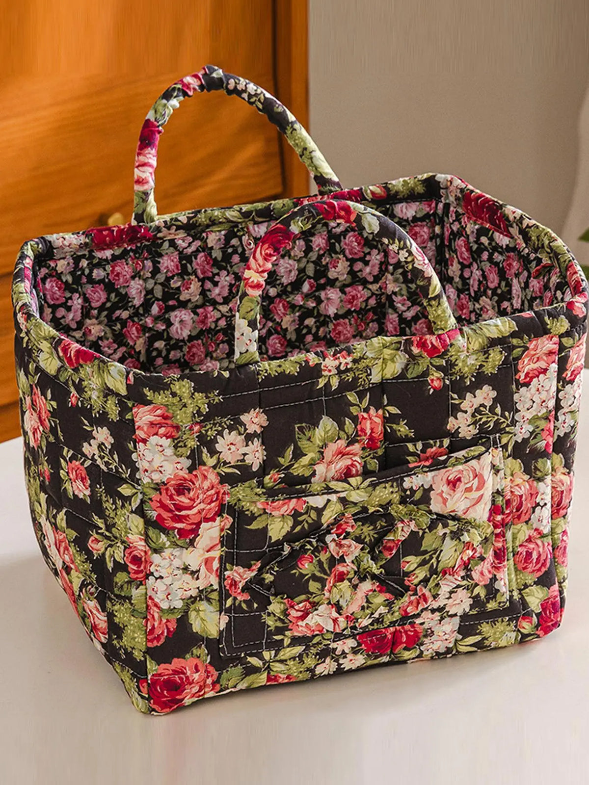 Floral Pattern Flower Fabric Storage Tote Basket, Portable Underwear Organizer, Organizing Baskets, Home Organization for Kitchen Bathroom Bedroom Living Room Office, Decorative Storage Basket