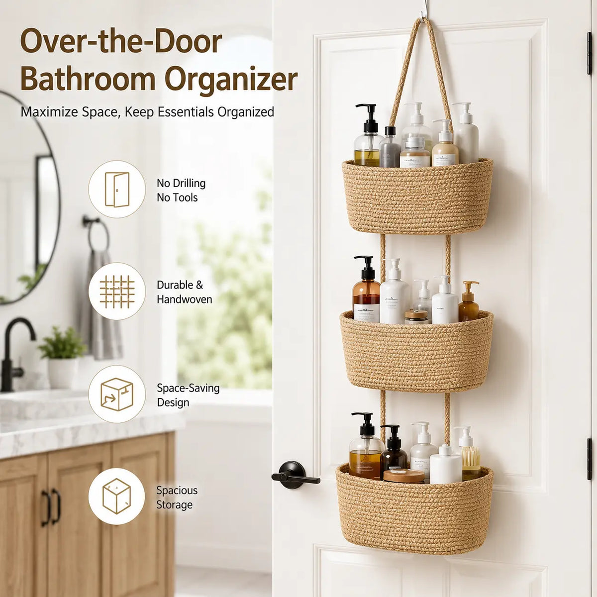 【Free Shipping (14in)】Woven Cotton 3-Tier Trapezoid Over-the-Door Basket, Wall-Mounted Jute Decorative Household Organizer, French Country Aesthetic for Busy Parents, with Gift Hook for Bathroom Decor Ideas & Home Storage