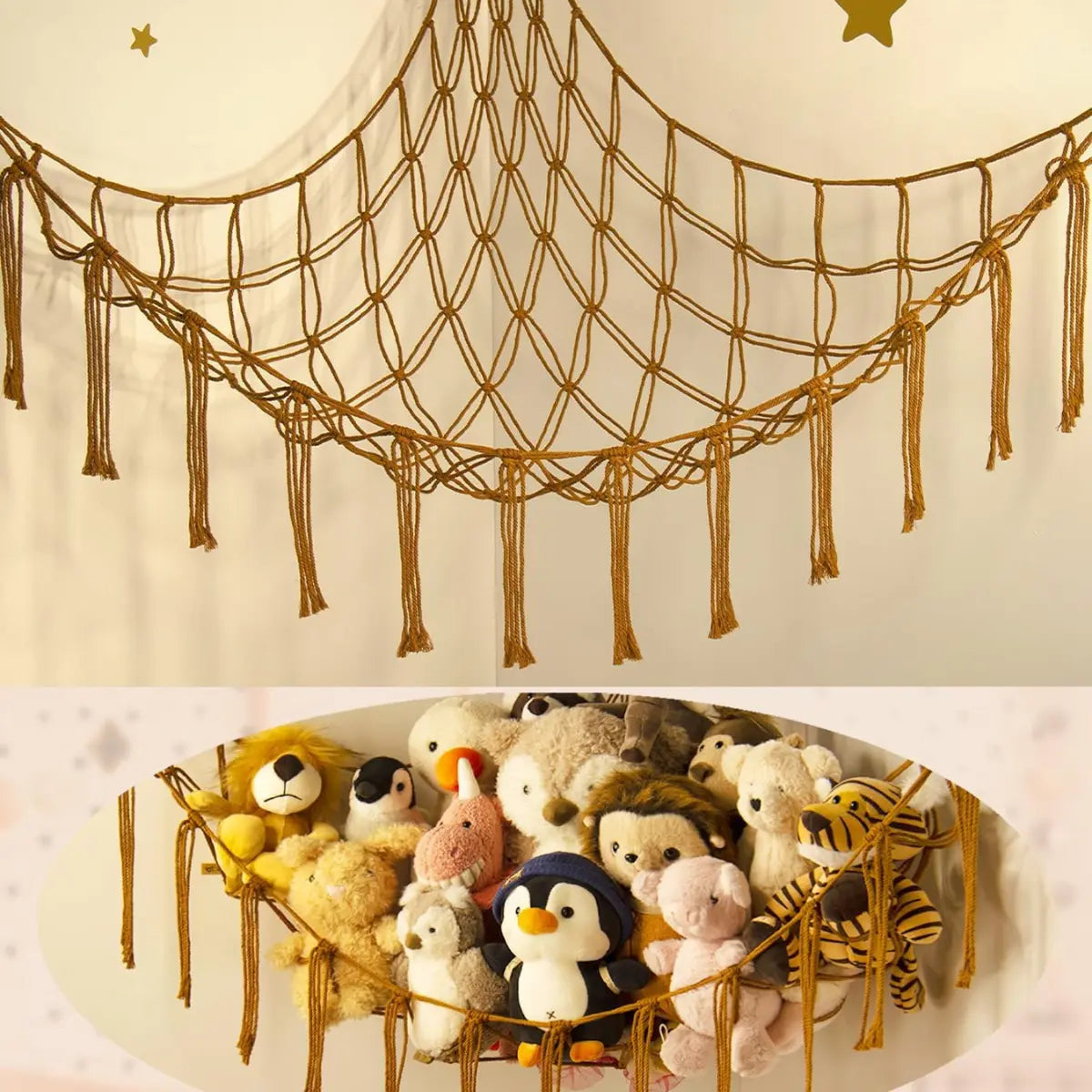 Stuffed Animal Hammock-Large Stuffed Animal Net For Toys Corner-Hanging Stuff Animal Toy Storage Organizer For Plush Plushie Display Caramel Toy Storage Girl Room Bedroom Boho Nursery Decor