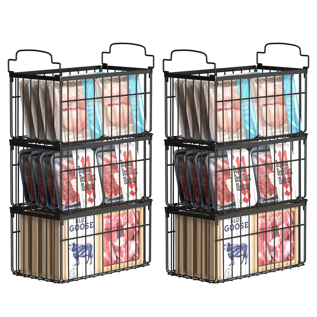 Msercuor Stackable Wire Freezer Organizer Bins - Black 4 Pack, Durable Rustproof Stainless Steel Storage Baskets with Open-Frame Design, Space-Saving Lifttograb Access, Keeps Food Fresher Longer (2/6/8 Pack Options)