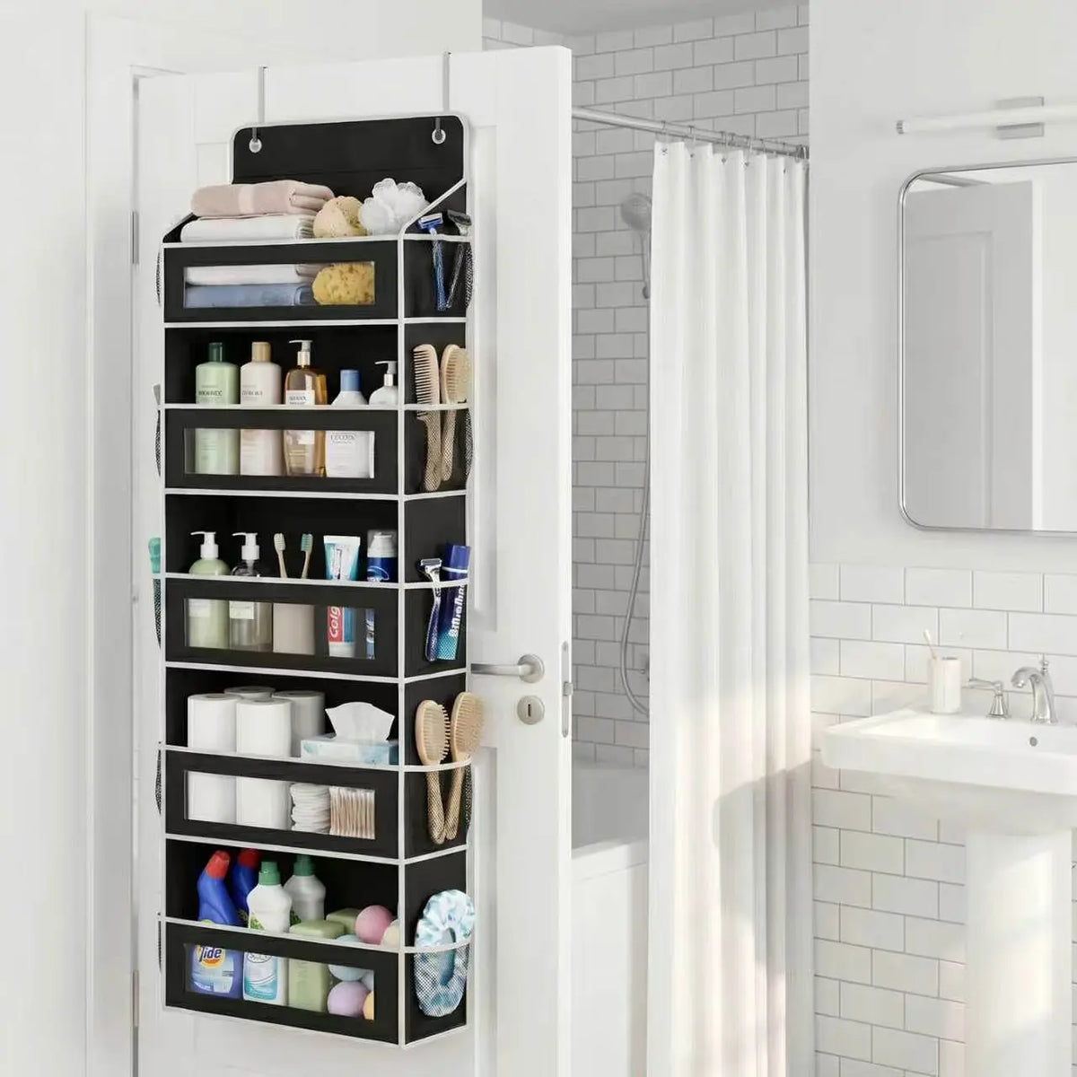 5-Tier Over The Door Organizer Storage Bag - Heavy-Duty Oxford Fabric Hanging Organizer with Visible Windows, Mesh Side Pockets, Includes Hooks, No-Drill Installation for Bathroom, Bedroom Storage (Fits Standard Doors)
