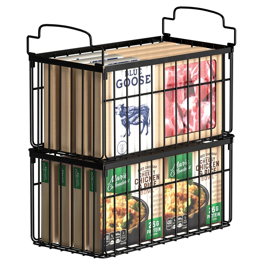Msercuor Stackable Wire Freezer Organizer Bins - Black 4 Pack, Durable Rustproof Stainless Steel Storage Baskets with Open-Frame Design, Space-Saving Lifttograb Access, Keeps Food Fresher Longer (2/6/8 Pack Options)