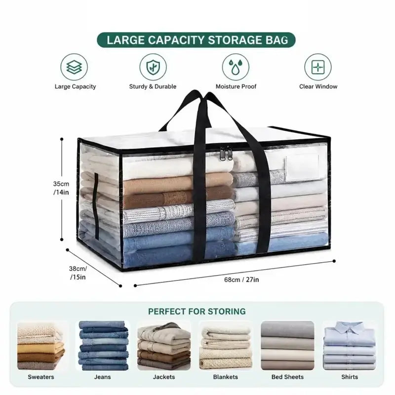 Clear Extra Large Moving Bags, Heavy-Duty Waterproof Storage Tote Bag with Reinforced Handles & Zippers, Transparent Organizer for Clothes, Bedding, Dorm, Moving, Clothing Storage Bags (Clear - 88L)