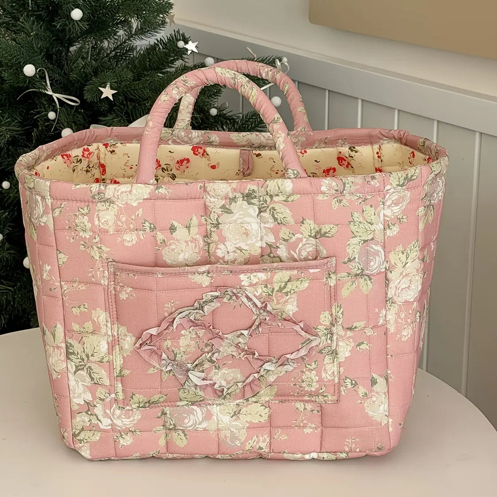 Quilted Floral-Print Camping Carry Basket - Retro Dark Night Peony & Foundation White Flower Rectangle Storage Bin, Sturdy Large Portable Hiking Hammock Gear Organizer for Back to School Home Decor