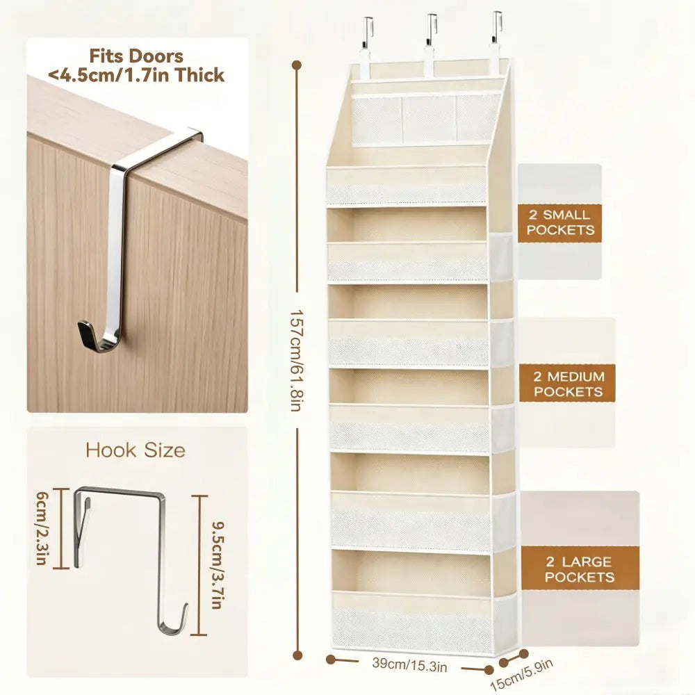 Over the Door Organizer, 6-Shelf Closet Hanging Storage with 13 Mesh Pockets, Fabric Compartments, 55lbs Capacity Behind the Door Space Saver Storage, Multi Purpose Storage for Baby Nursery, Bathroom, Bedroom, and Dorm, Organized Storage