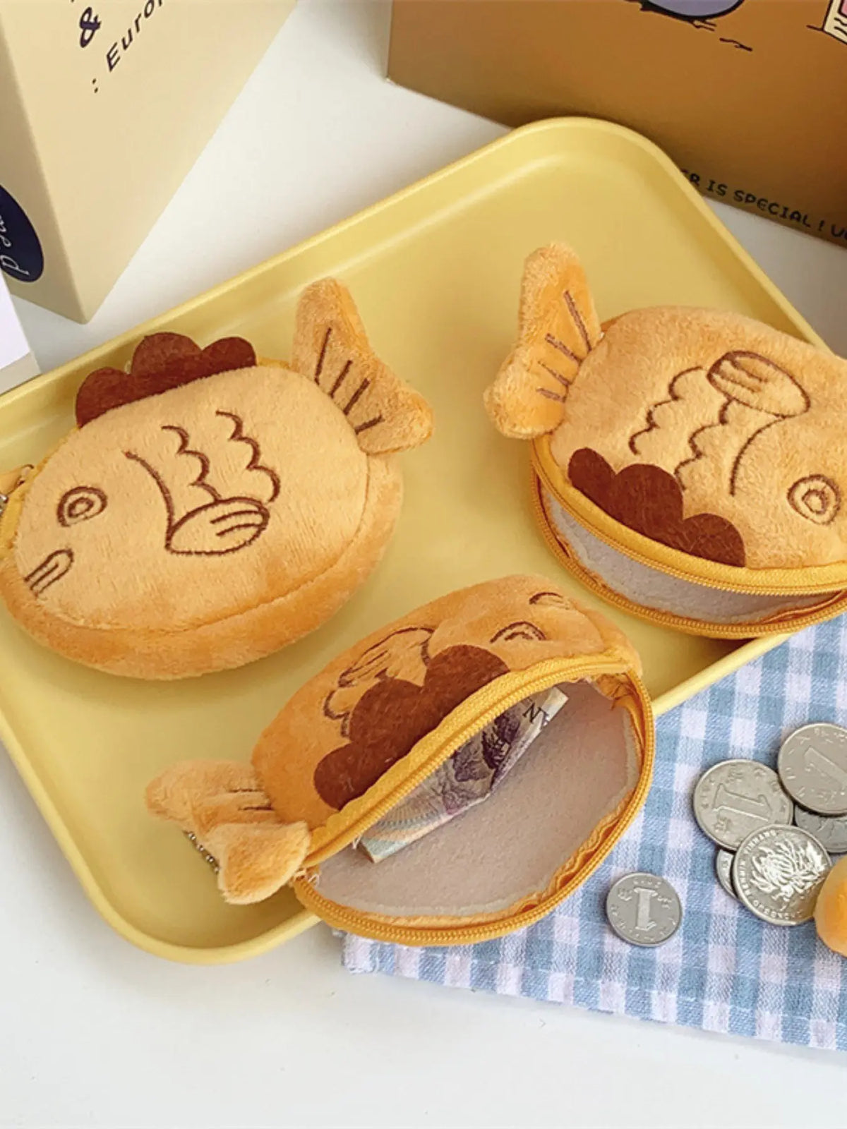 Cute Taiyaki Coin Bag Mouth Envelope Bluetooth-compatible Earphone Data Cable Organizer, Soft Pouch, Storage Bags, Multipurpose, Student Backpack Accessory, Birthday Gift, Car Decoration