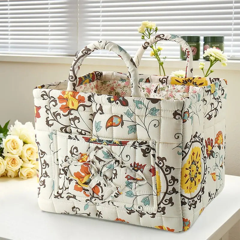 Washable Foldable Fabric Storage Bag, Book Organizer Floral Pattern Basket, Office Supplies Holder, Home Decor Bin for Entryway Bedroom Living Room, Decorative Storage Basket