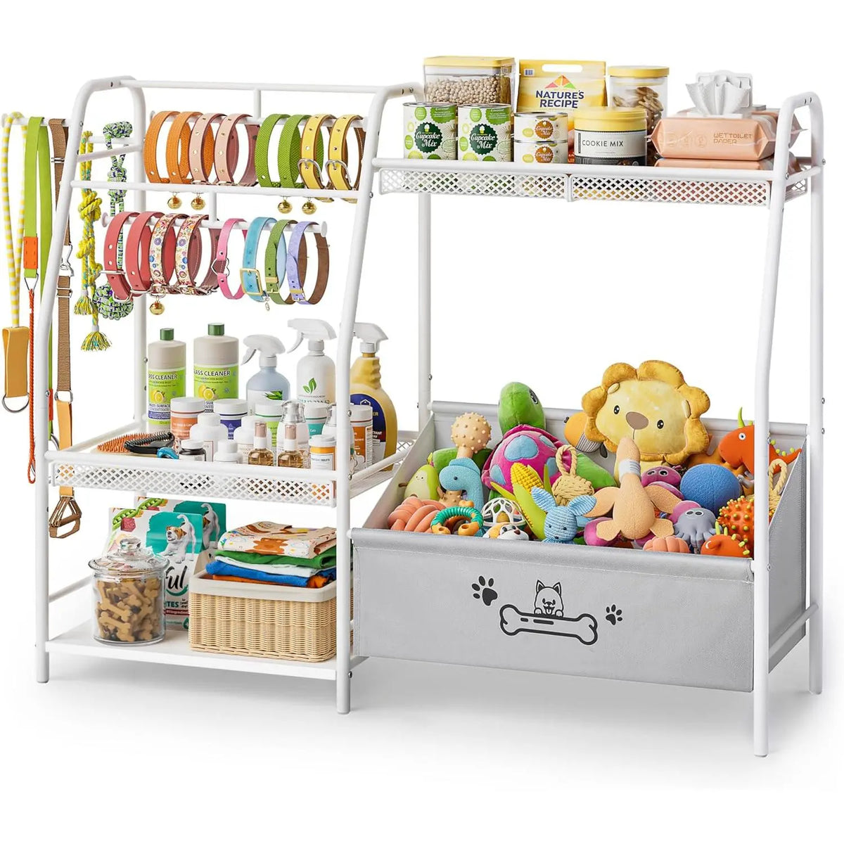 Large Modern Metal-Oxford Fabric Storage Basket with Iron Frame, 50cm Trapezoid Organizer Box with Leash Hooks, Toy Storage Holder for Pet Lovers, Wide Slant Living Room Home Organizer Essential
