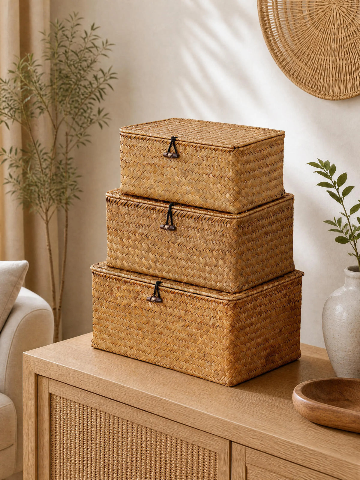 Nonam Handwoven Natural Seagrass Bin with Lid, Set of 3, Shelf Baskets Multipurpose Container for Boho Decoration, Rectangular Household Storage Boxes for Home Organization