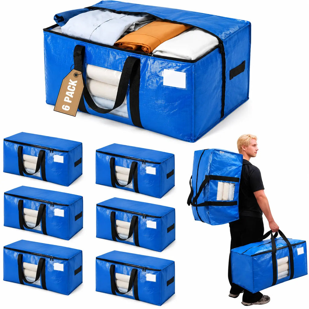 Extra Large Heavy Duty Portable Collapsible Moving & Pack Bags with Zip, 130LBS Load-Bearing Rip Resistant PE Plastic Fabric, Ergonomic Handles, Label Slot, Disposable Storage Organizer for Home Relocation & Storage Organization
