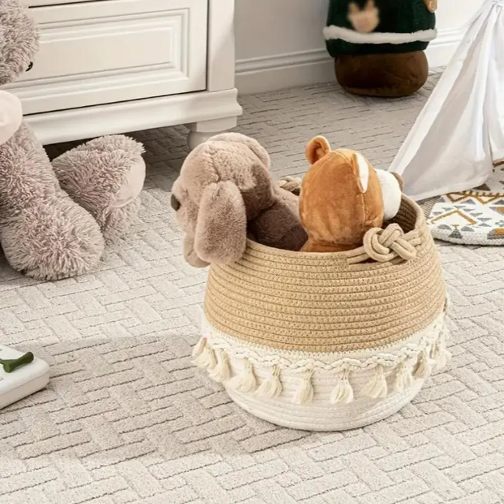 Large Round Handmade Cotton Rope Woven Tassel Laundry Basket Organizer - Freestanding Decorative Closet Storage Basket, Home Organizer for Busy Families