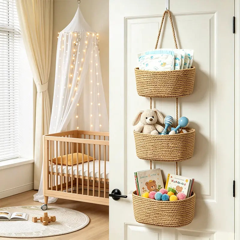 Over the Door Hanging Basket, 3-Tier Woven Cotton Wall-Mounted Storage Organizer Bag Decorative Hanging Nursery Baskets, Perfect for Busy Mom/Dad to Store Diapers & Toys small basket Gift Hook house organizers, Jute