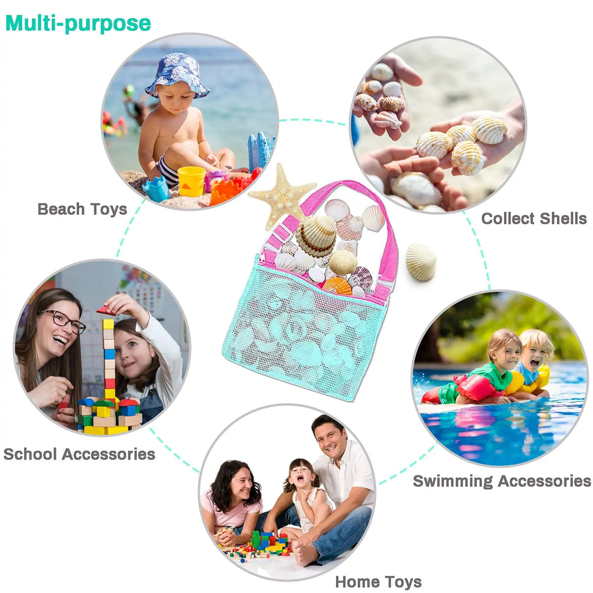 Beach Mesh Bag for Sand Toys and Seashells, Large Capacity Lightweight BPA Free Tote Bag Organiser for Children Beach Activities Adventure, Ideal Shell Storage Net Bag Organizer