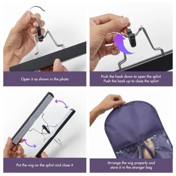 Portable Hair Extension Storage Wig Bags with Anti-slip Wooden Hanger & Transparent Zip Up Closure Organiser Hangable