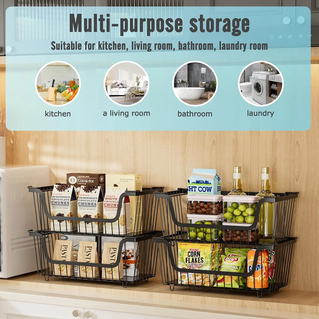 Black 4-Pcs Stackable Stainless Steel Hollow Wire Storage Bins Set - Metal Kitchen Bathroom Basket with Rotating Handle, Pet Supplies Organizer, Countertop Produce Holder