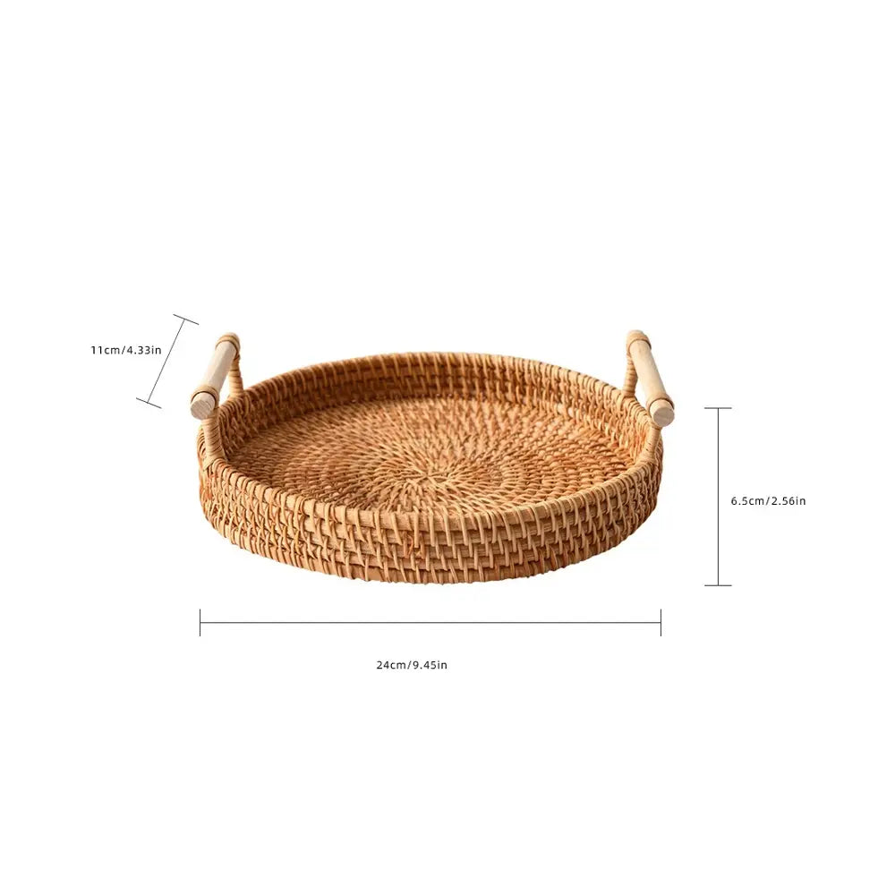 Japanese Handmade Woven Basket, Dual Handle Tray, Round Fruit Storage Dish, Sweet Treats Holder, Bread Bun Display, Inn Tableware, Storage Baskets