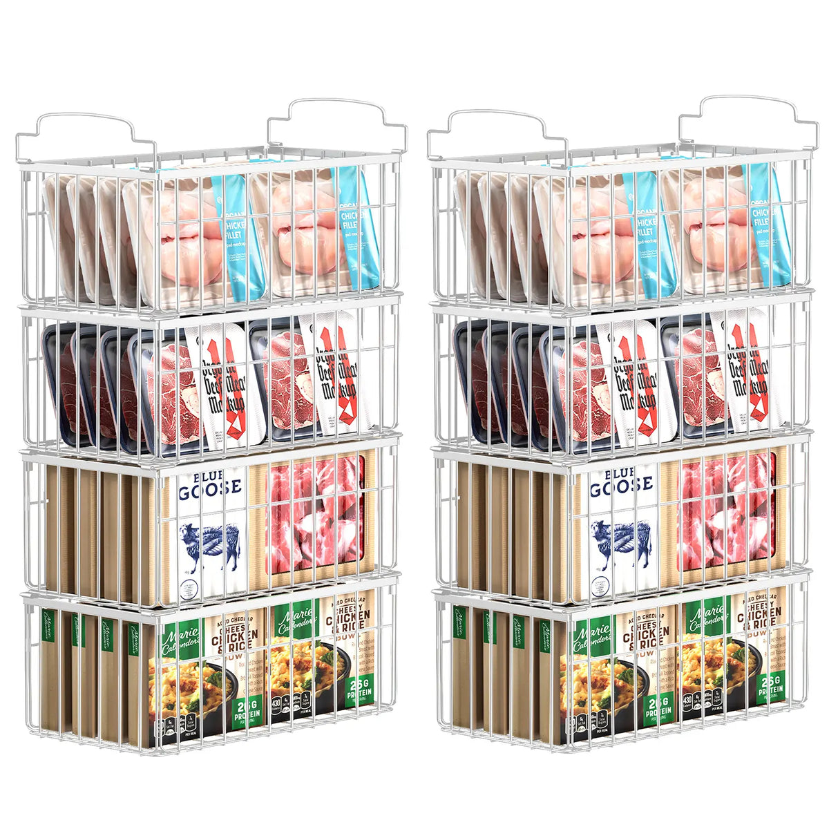 Msercuor Stackable Wire Freezer Organizer Bins - Black 4 Pack, Durable Rustproof Stainless Steel Storage Baskets with Open-Frame Design, Space-Saving Lifttograb Access, Keeps Food Fresher Longer (2/6/8 Pack Options)