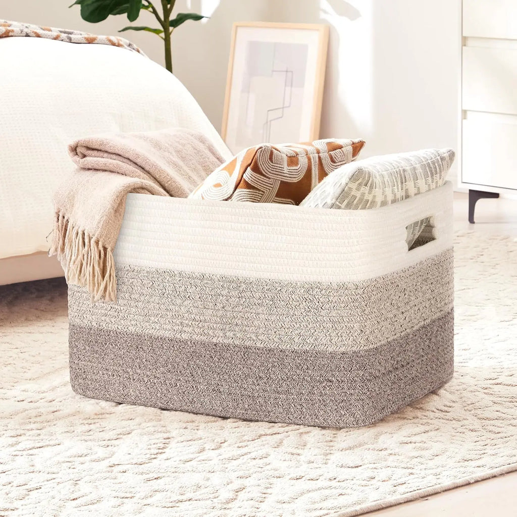 Cotton Woven Rectangle Storage Basket Organiser - 65L Laundry Basket for Shelf, Nursery Storage of Toys, Dirty Clothes, Magazines