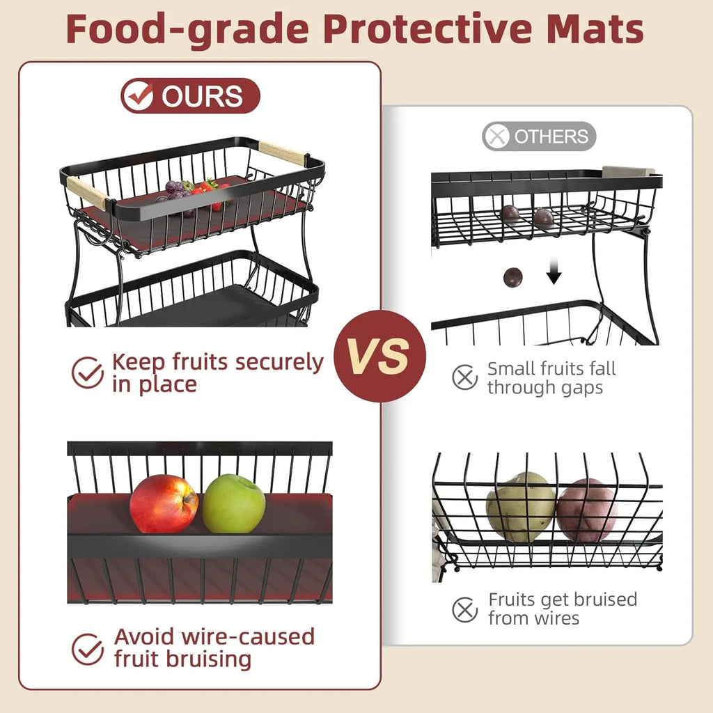 2 Tier Large Fruit Basket for Kitchen Counter with 2 Mobile Banana Hangers, 2026 Pro Detachable Metal Fruit Bowl with Wooden Handle, Fruit Holder for Bread Snack Veggies with Protective Mats