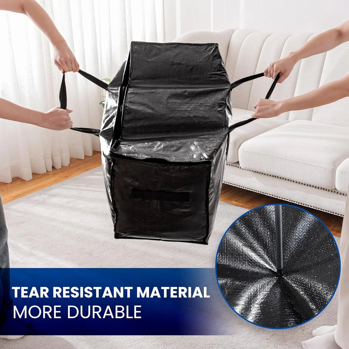 TAILI Extra Large Heavy-Duty Moving Bags (4 Pack Black) - Eco-Friendly Modern Multi-Purpose Space Saving Organizer Totes with Visible Window, Wrap-Around Handles, Lid, Zipper, Alternative to Moving Boxes