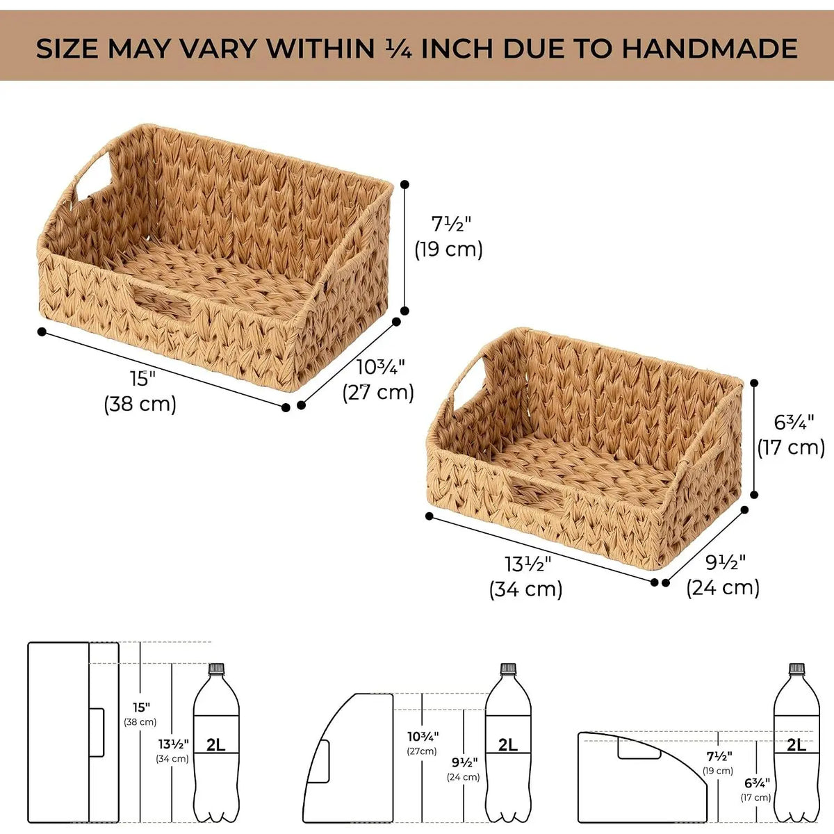 2-Pack Natural Trapezoid Woven Storage Baskets with Handles for Shelves, Pet Supplies Organiser for Dog & Cat Collars/Harnesses/Leads, Kitchen-Ready Plastic-Metal Accent Decorative Baskets, Shelf, Toilet