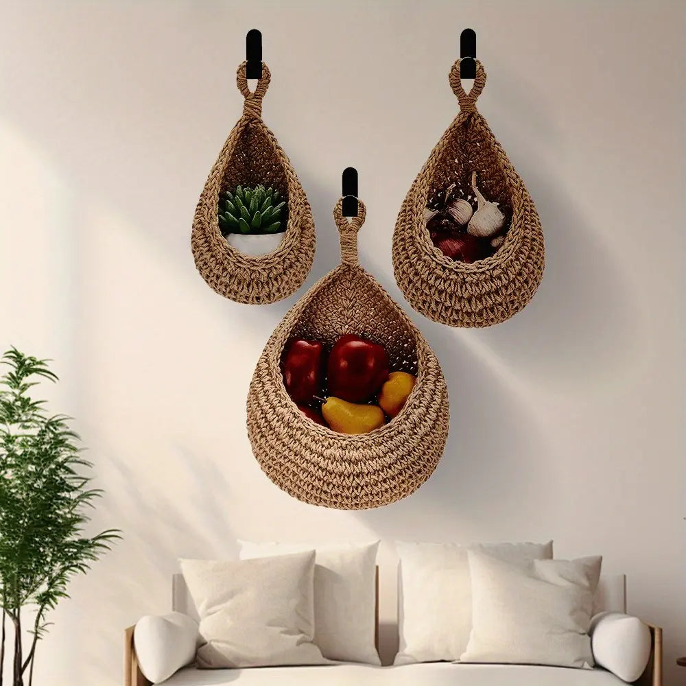 3pcs Bohemian style wall hanging basket, a small and cute kitchen fruit and vegetable storage basket, suitable for garlic and onion, home and dining decoration, Shelf Baskets