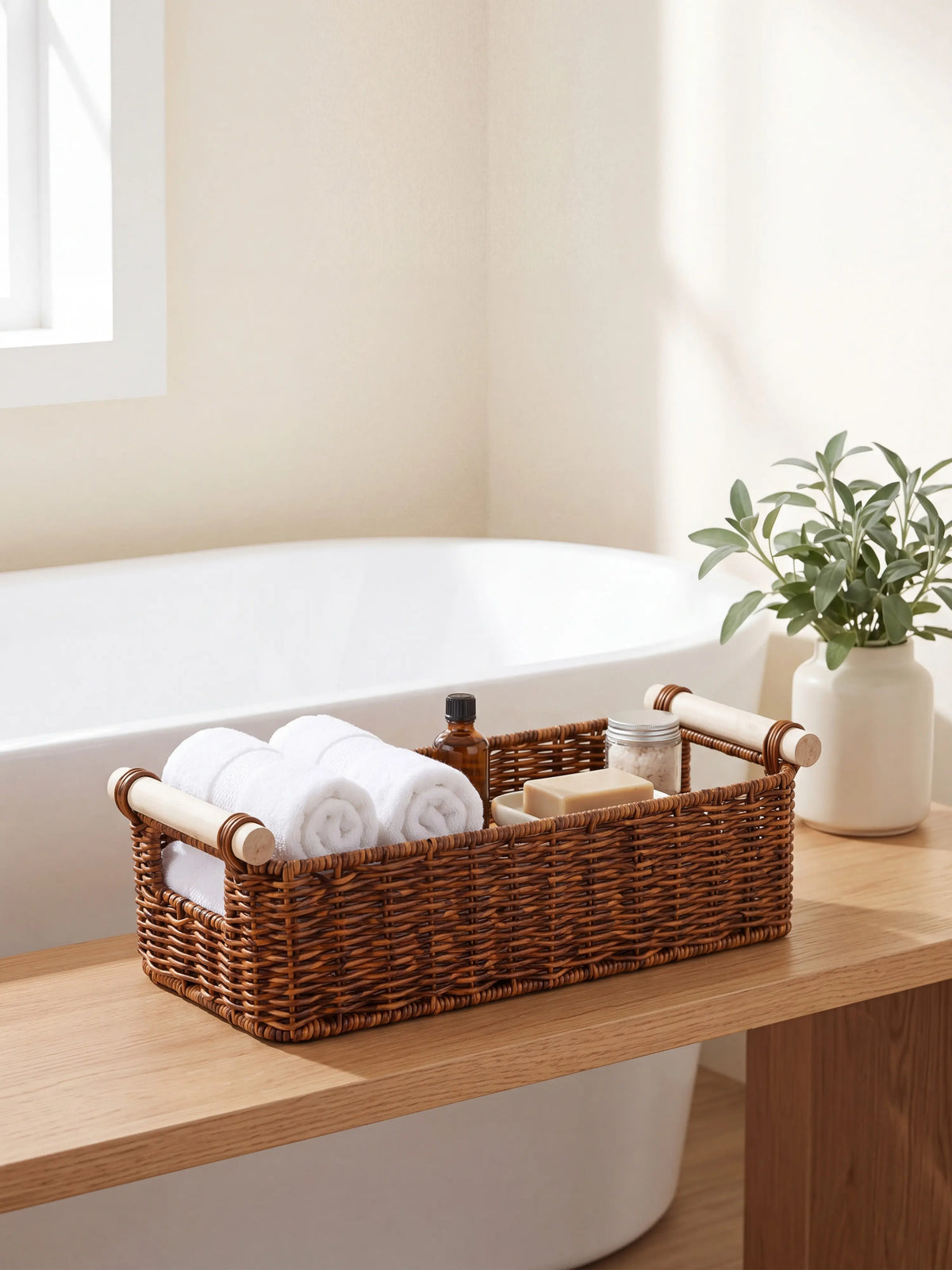 BROWNLILY Handwoven Wicker Organizer Basket with Wooden Handles - Narrow Countertop Caddy for Bathroom Vanity, Kitchen, Entryway & Guest Room (Faux Rattan)