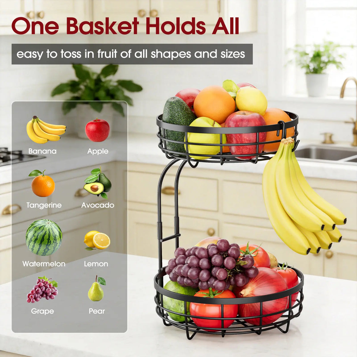 Sakugi 2-Tier Black Wire Round Fruit Organiser, Detachable Storage Bin Rack for Kitchen Countertop Pantry, Easy Assembly Modern Home Organizing Wire Basket, Baskets For Organizing