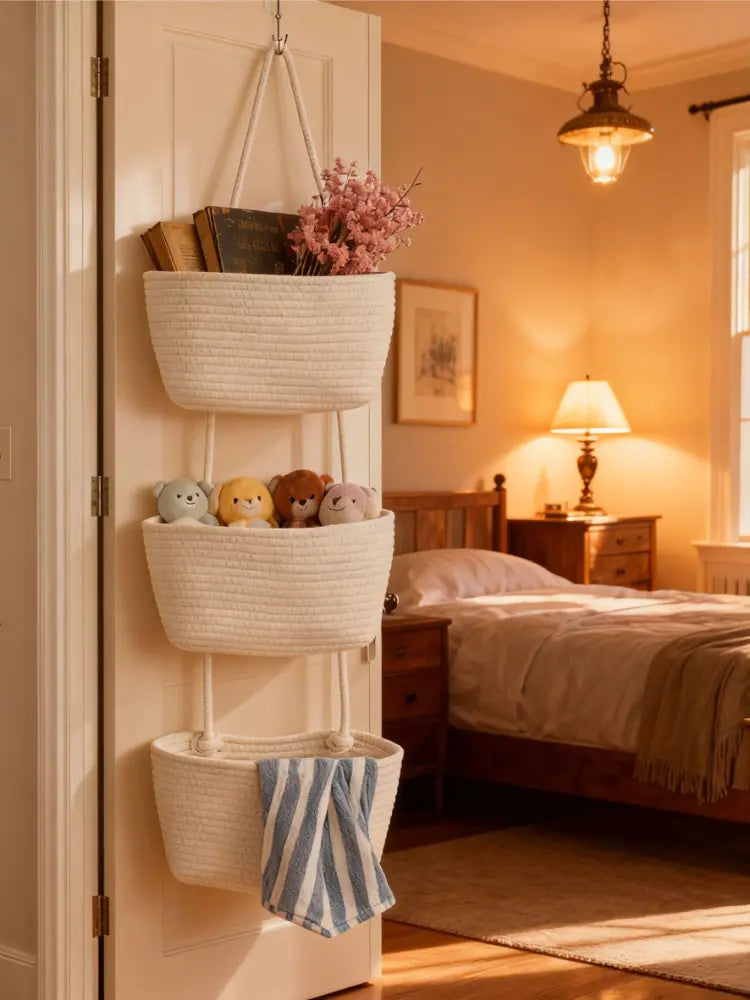 3-Tier Woven Cotton Door-Hanging Storage Basket Set - Compact French Country Home Organizer, Fast Install Use, Clutter Stays Put, Ideal for Busy Parents' Nursery Diapers & Toys (Nursery Decor)