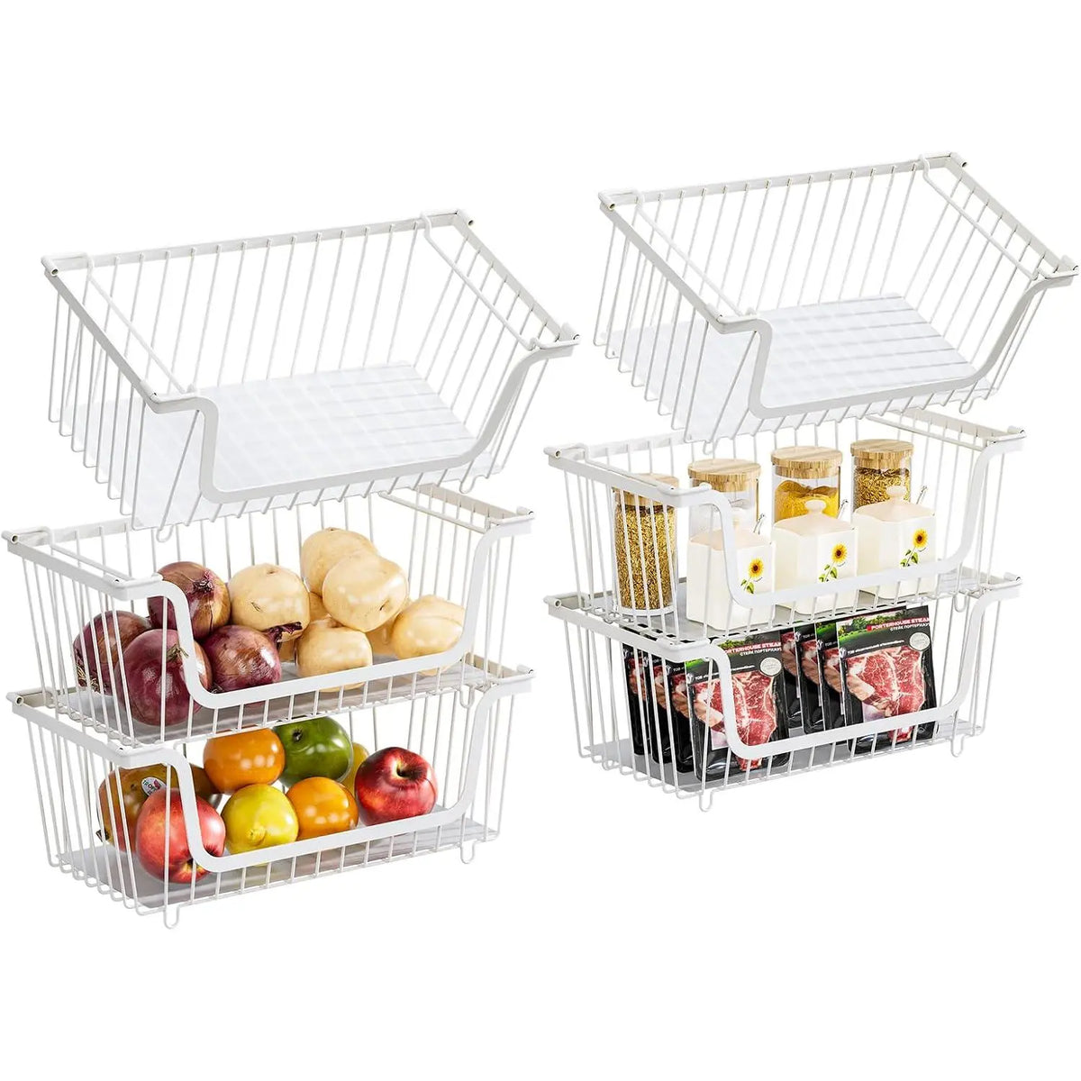 Black 4-Pcs Stackable Stainless Steel Hollow Wire Storage Bins Set - Metal Kitchen Bathroom Basket with Rotating Handle, Pet Supplies Organizer, Countertop Produce Holder