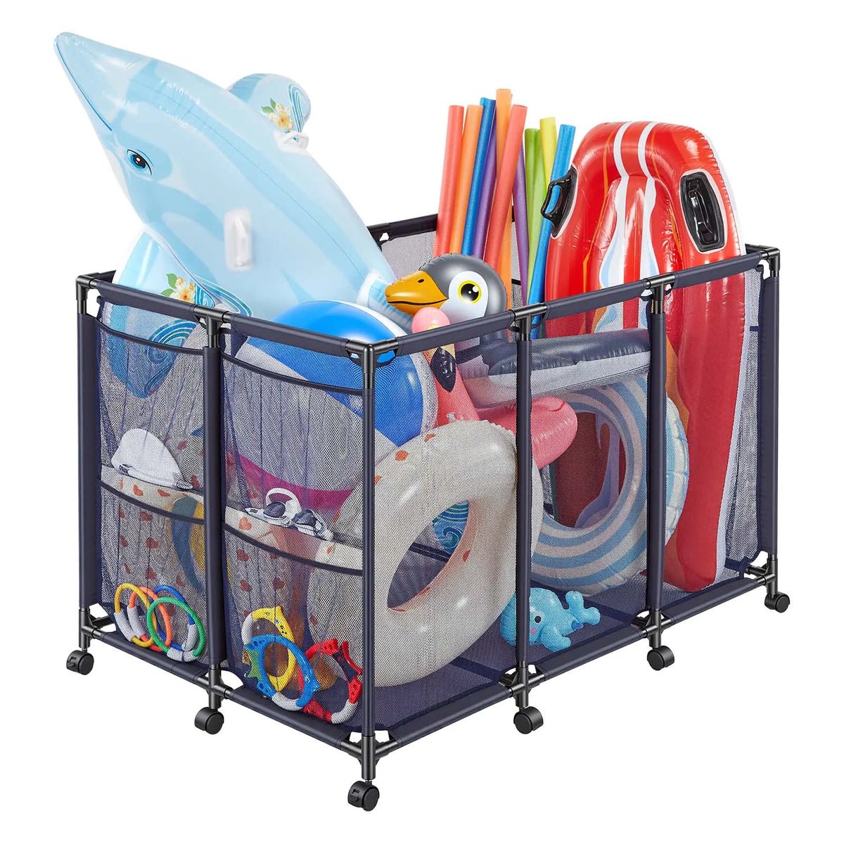 VEVOR Heavy-Duty Plastic Rolling Pool Storage Bin, 48.8 x 32.7 x 32.7 in Durable Metal Frame Organizer with Rolling Casters, Side Pockets, Breathable and Quick-Drying Mesh Basket for Pool Toys (Rectangular)