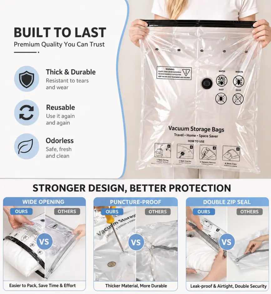 SUOCO Travel Vacuum Seal Bags Set with Rechargeable Electric Pump & Compression Packing Cubes, Water-Resistant Airtight Re-sealable Home Organiser for Luggage, Garage Storage, Cruises, Space-Saving Home Supply