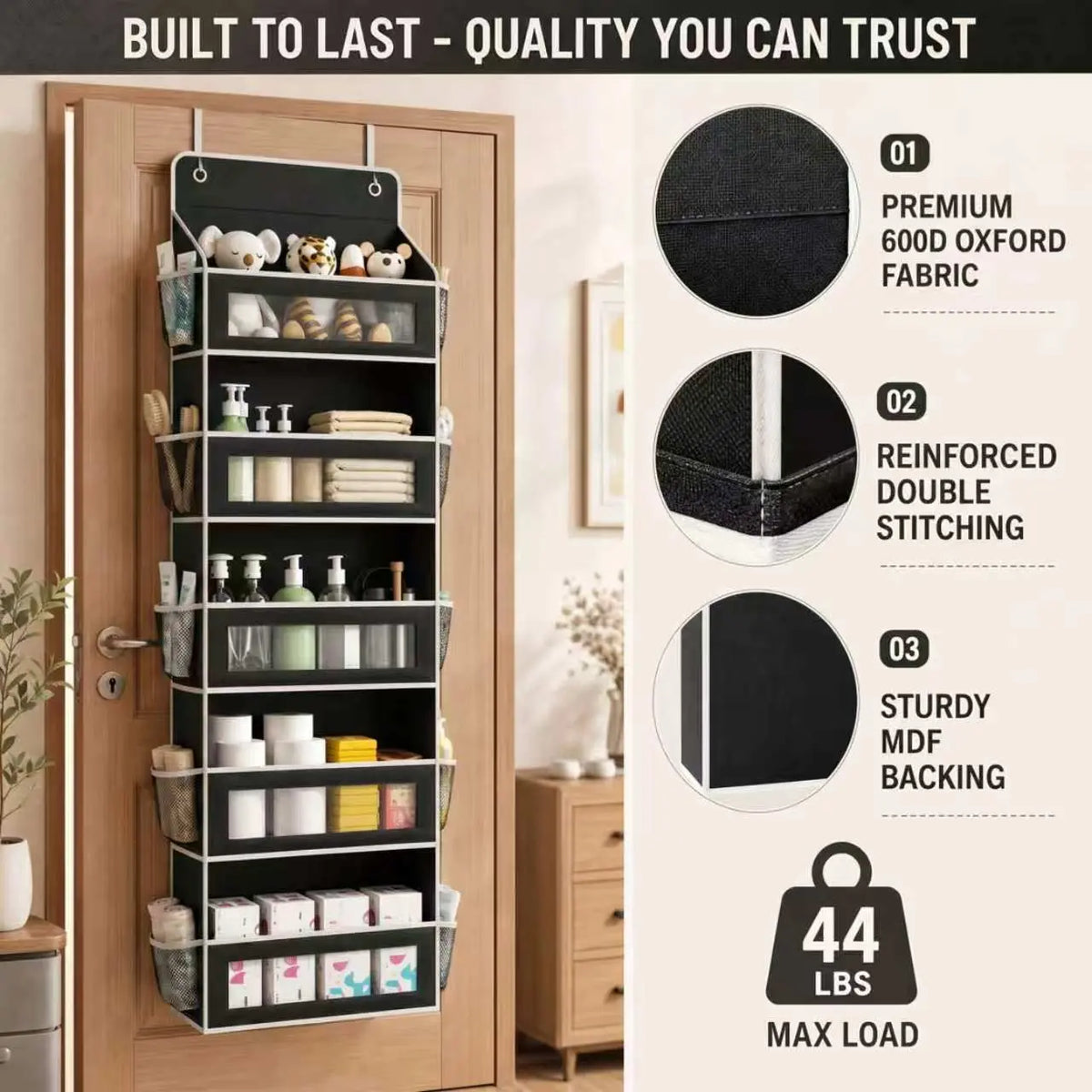 5-Tier Over The Door Organizer Storage Bag - Heavy-Duty Oxford Fabric Hanging Organizer with Visible Windows, Mesh Side Pockets, Includes Hooks, No-Drill Installation for Bathroom, Bedroom Storage (Fits Standard Doors)