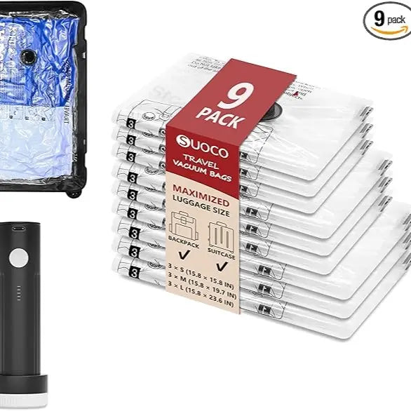 SUOCO Travel Vacuum Seal Bags Set with Rechargeable Electric Pump & Compression Packing Cubes, Water-Resistant Airtight Re-sealable Home Organiser for Luggage, Garage Storage, Cruises, Space-Saving Home Supply