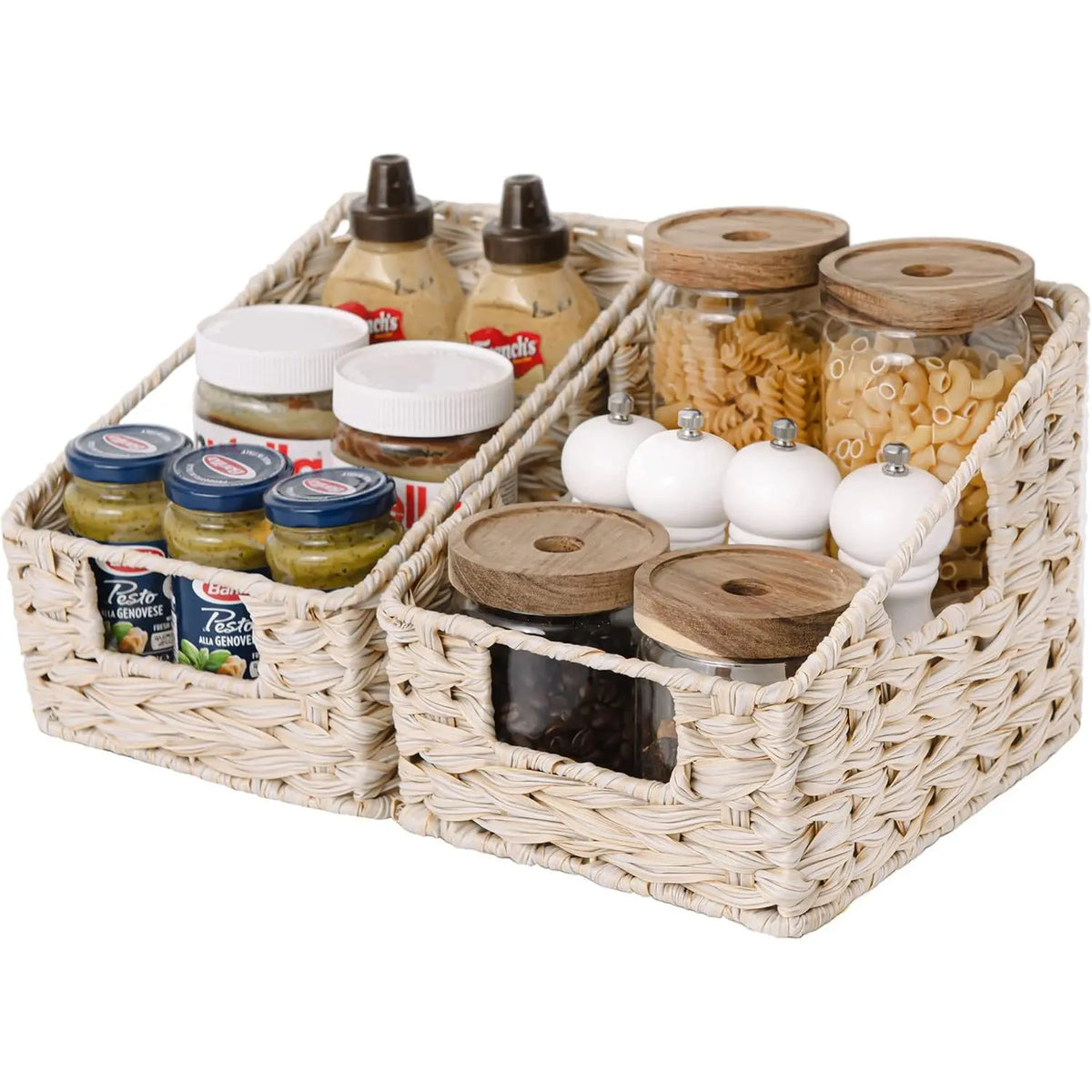 2-Pack Natural Trapezoid Woven Storage Baskets with Handles for Shelves, Pet Supplies Organiser for Dog & Cat Collars/Harnesses/Leads, Kitchen-Ready Plastic-Metal Accent Decorative Baskets, Shelf, Toilet