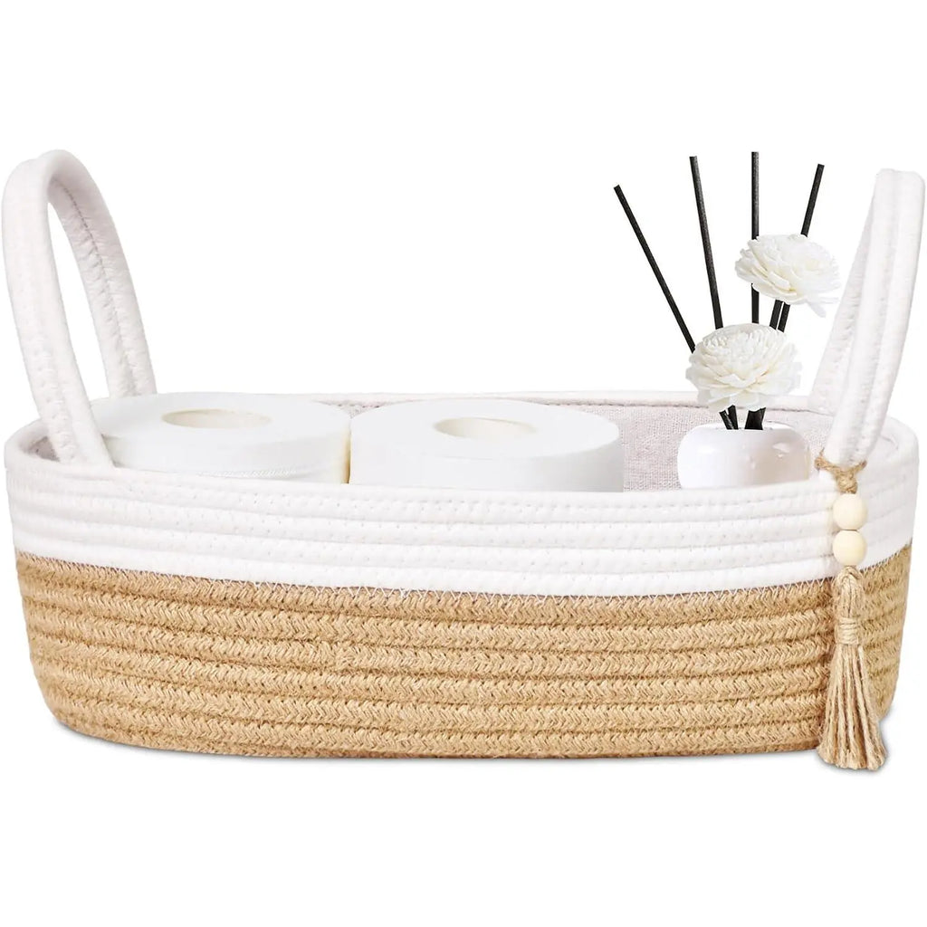 Small Storage Basket, Jute Rope Woven Toilet Paper Tray Organizer for Toilet  Top, Boho Bathroom Decor Holder for Shelf Bedroom Living Room -13x6x4 Inches